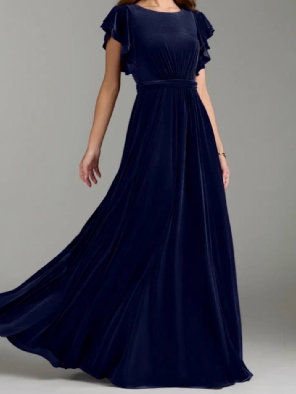 Azazie NWT Size 8 Floor Length Velvet Blue Dress with Flutter Sleeves